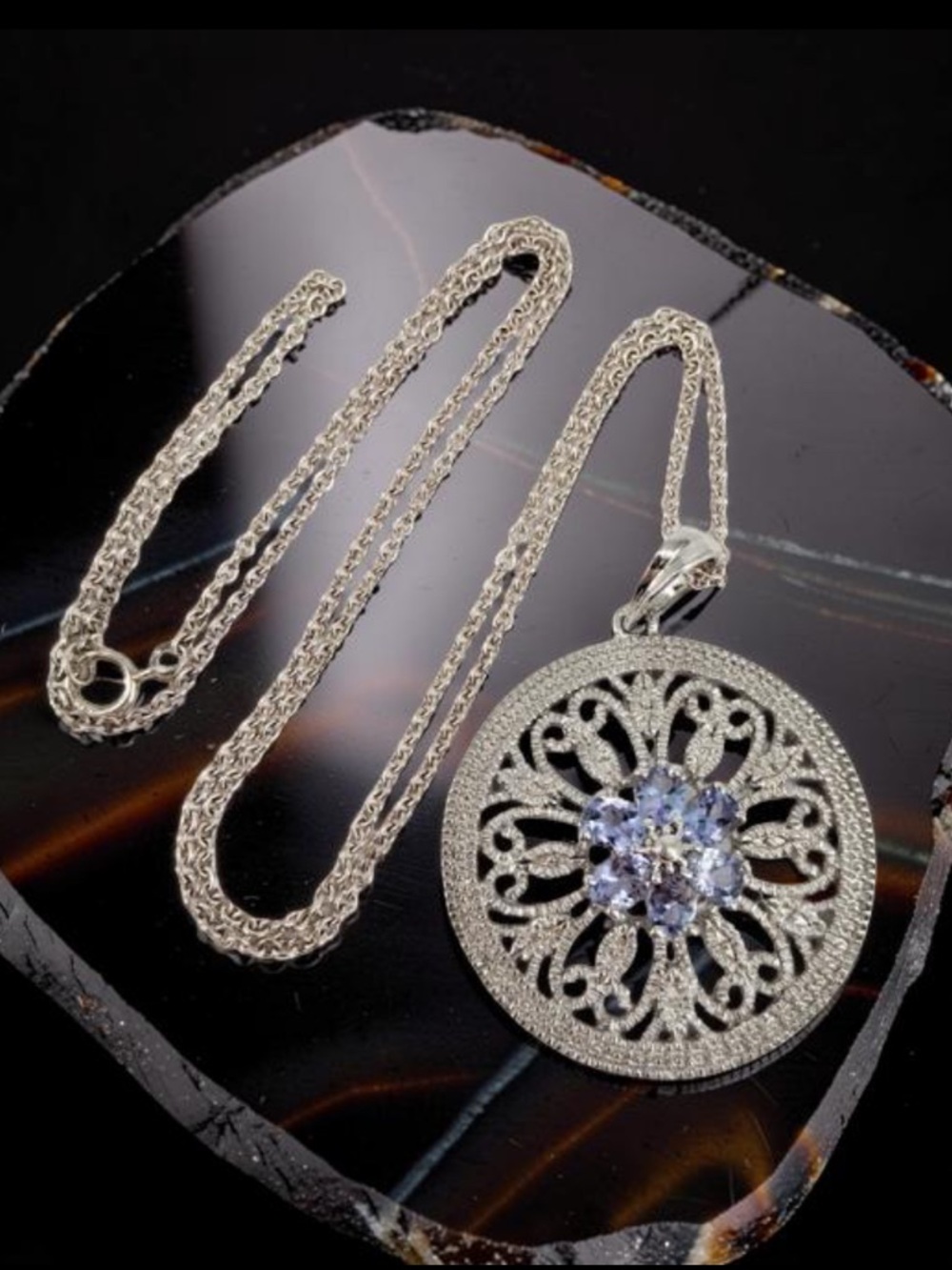 Sterling Silver-Floral Filigree Pendant Necklace Purple Tanzanite Gemstone NWOT